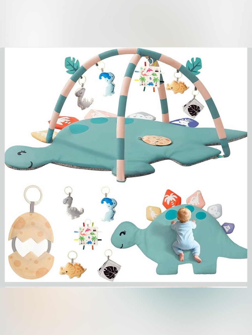 Teal Dino Sensory Play Gym with Hanging Toys